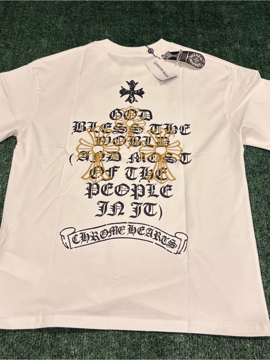 Chrome Hearts Other - Chrome Hearts White T-Shirt with Black Gothic Print and Gold Cross Appliqués